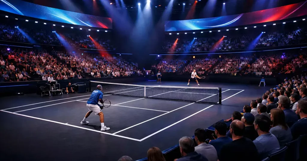 Pista de tenis moderna del torneo ATP Finals con iluminación espectacular
