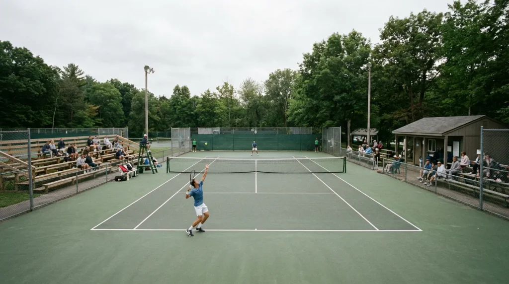 Pequeña pista de tenis de torneo Challenger con pocos espectadores en las gradas