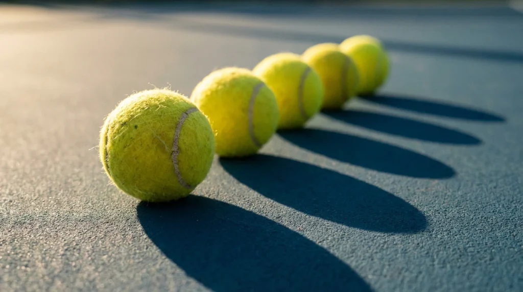 Varias pelotas de tenis alineadas sobre una pista formando una fila