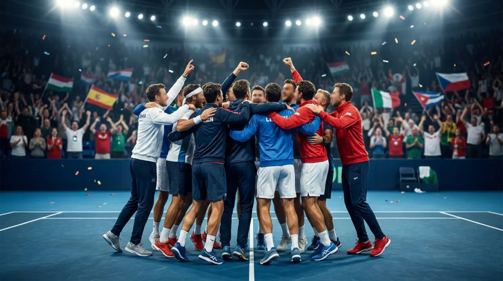 Equipo de tenis celebrando una victoria en Copa Davis con banderas