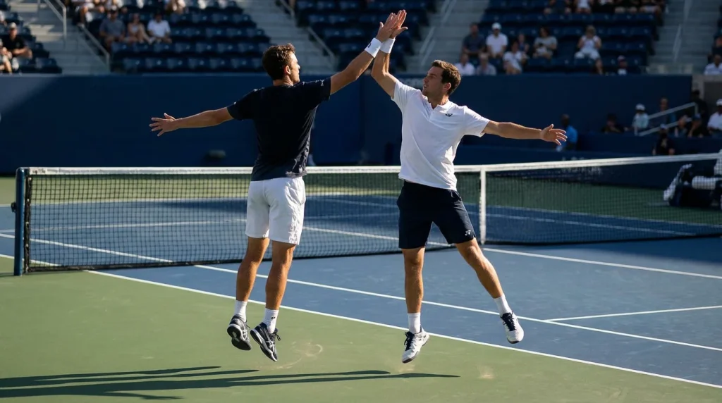 Pareja de dobles de tenis celebrando un punto en la pista