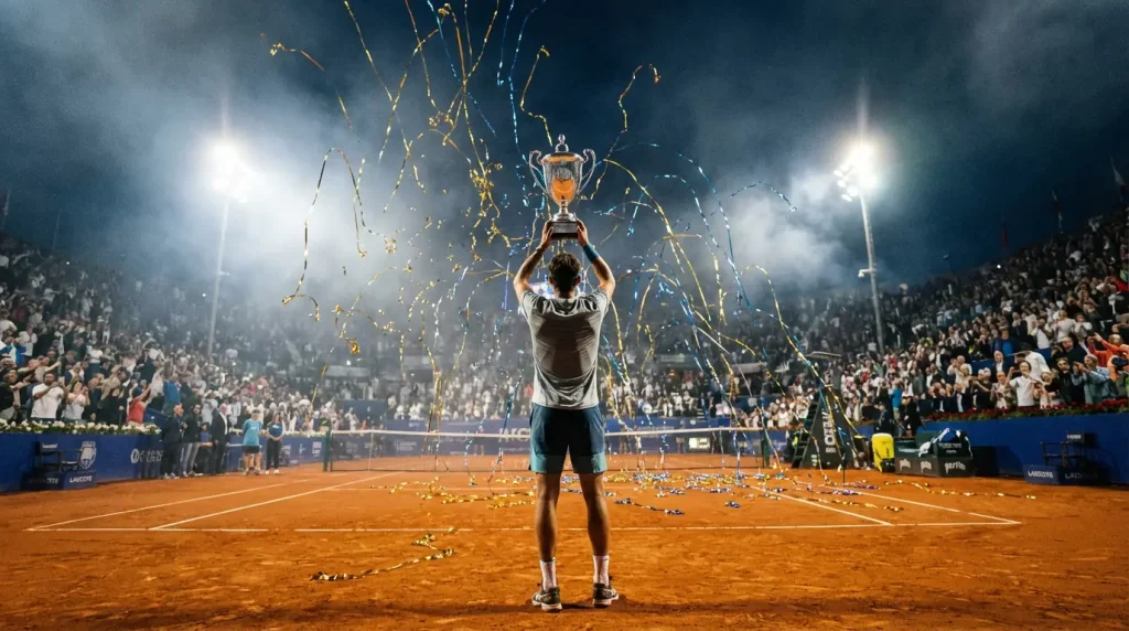 Jugador de tenis levantando un trofeo tras ganar un torneo profesional