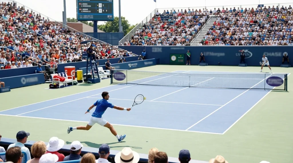 Partido de tenis en un torneo Masters 1000 con gradas llenas de espectadores