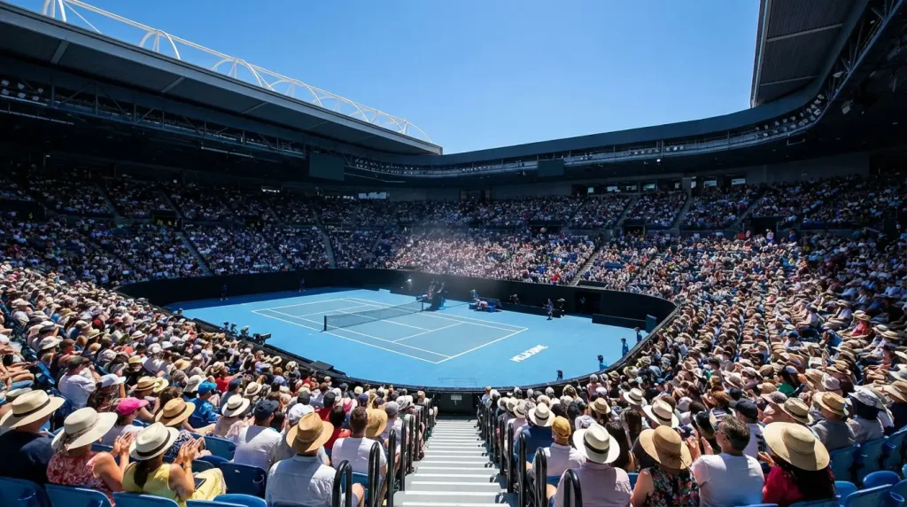 Pista de tenis azul del Open de Australia bajo un cielo soleado de verano