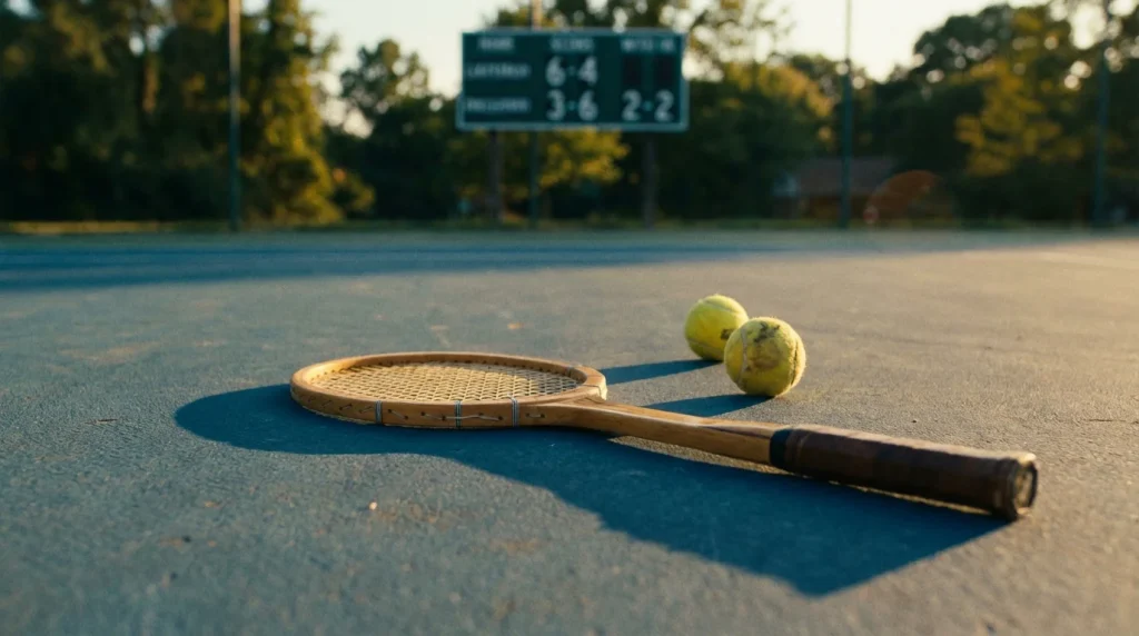 Raqueta de tenis y pelotas sobre una pista con marcador al fondo