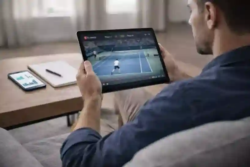 Aficionado viendo un partido de tenis en vivo en una tablet mientras toma notas