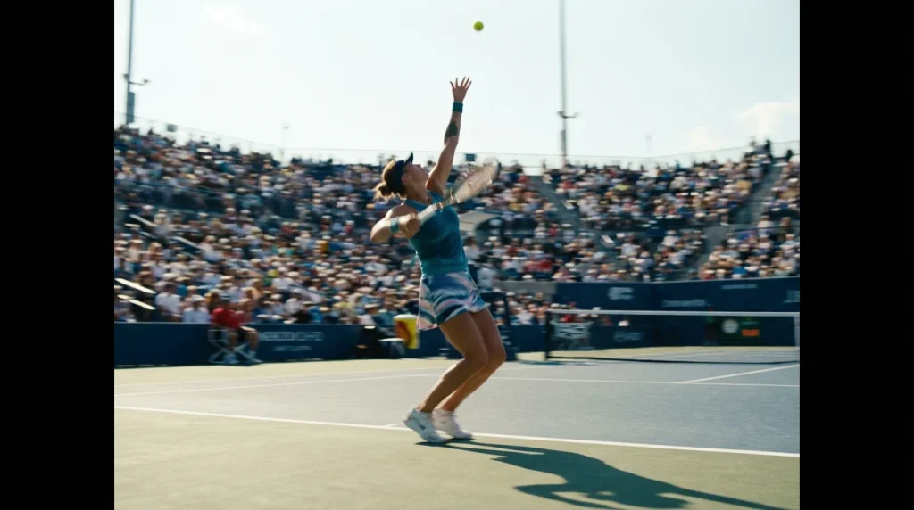 Jugadora de tenis profesional ejecutando un saque potente en pista dura