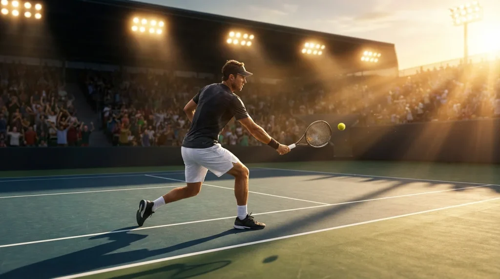 Jugador de tenis profesional golpeando la pelota en una pista dura bajo focos