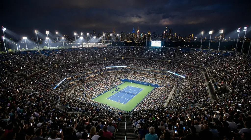 Estadio Arthur Ashe iluminado de noche durante un partido del US Open