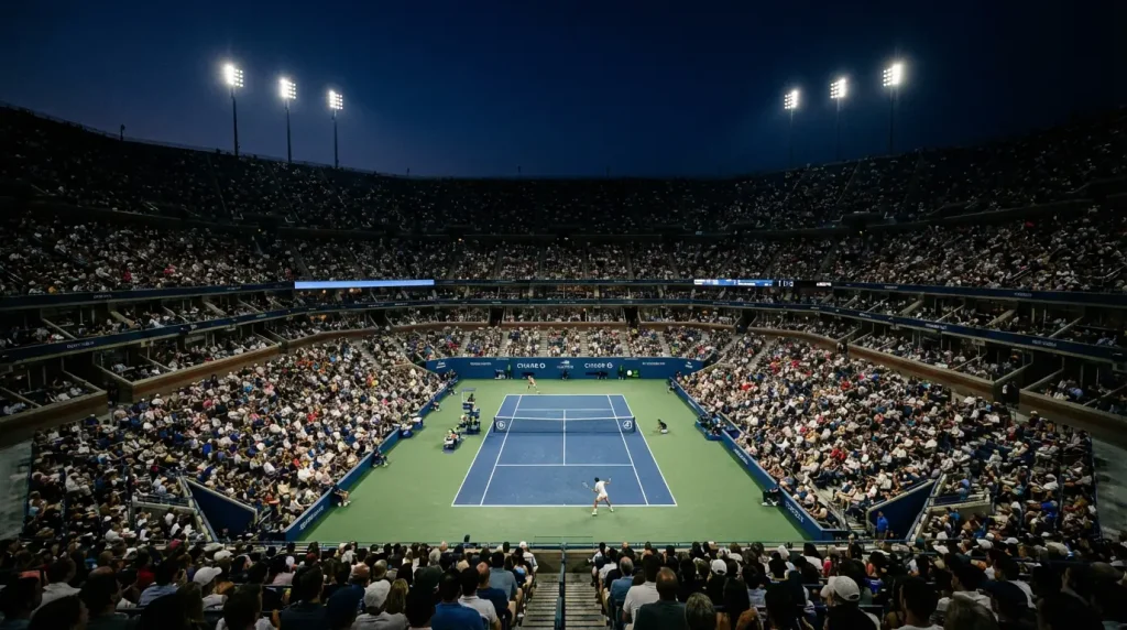 Partido de tenis nocturno en estadio iluminado con público en las gradas