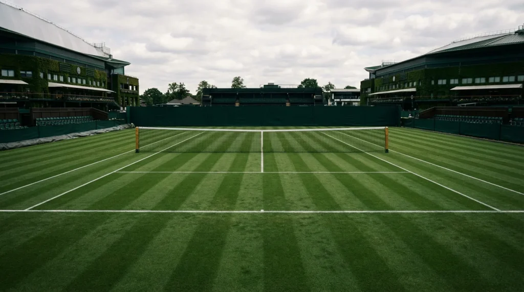 Pista de hierba de Wimbledon con red de tenis y césped perfectamente cortado
