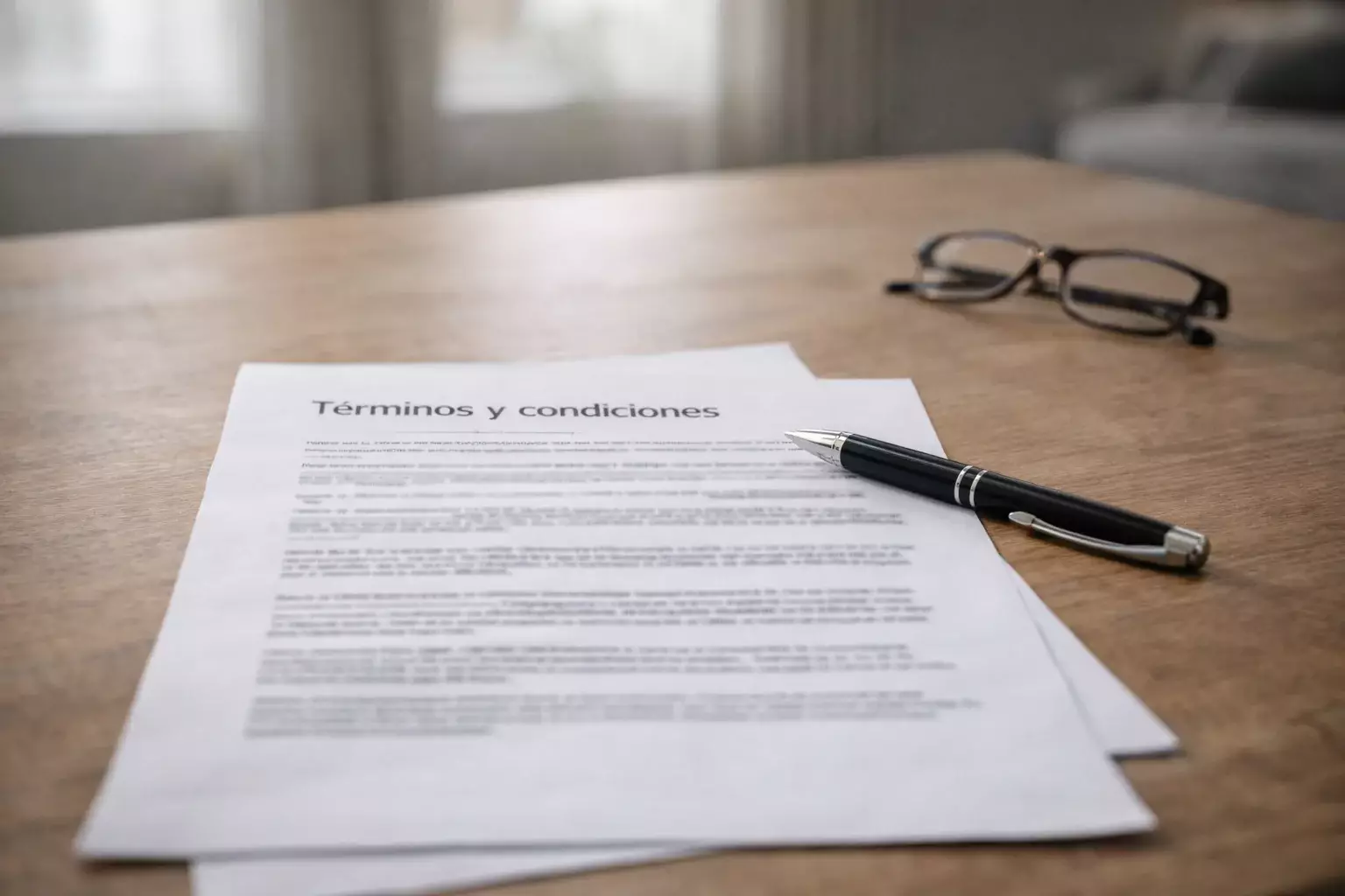 Documento con t&eacute;rminos y condiciones junto a un bol&iacute;grafo sobre una mesa
