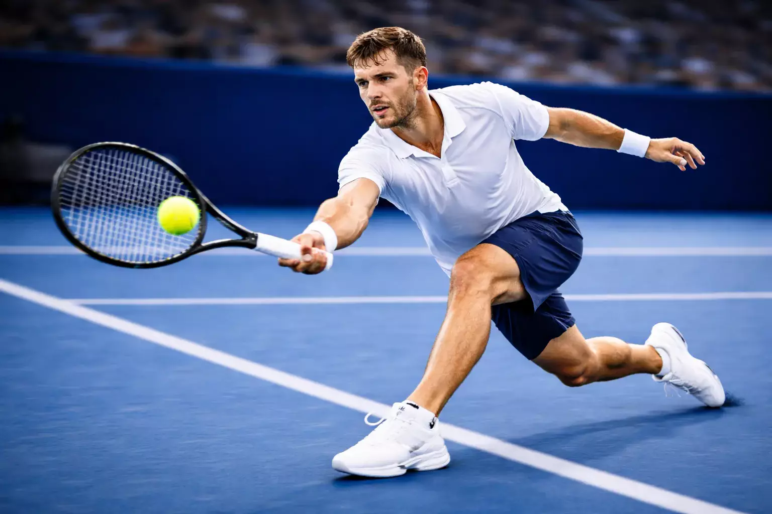 Tenista devolviendo un servicio potente en un momento crucial del partido