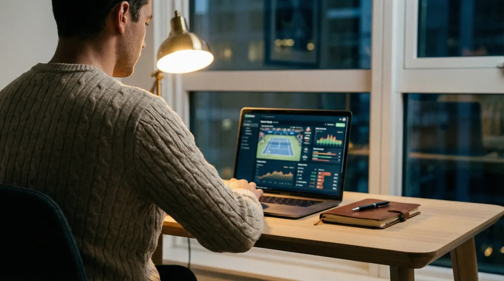 Persona analizando estadísticas de tenis en una pantalla de ordenador portátil