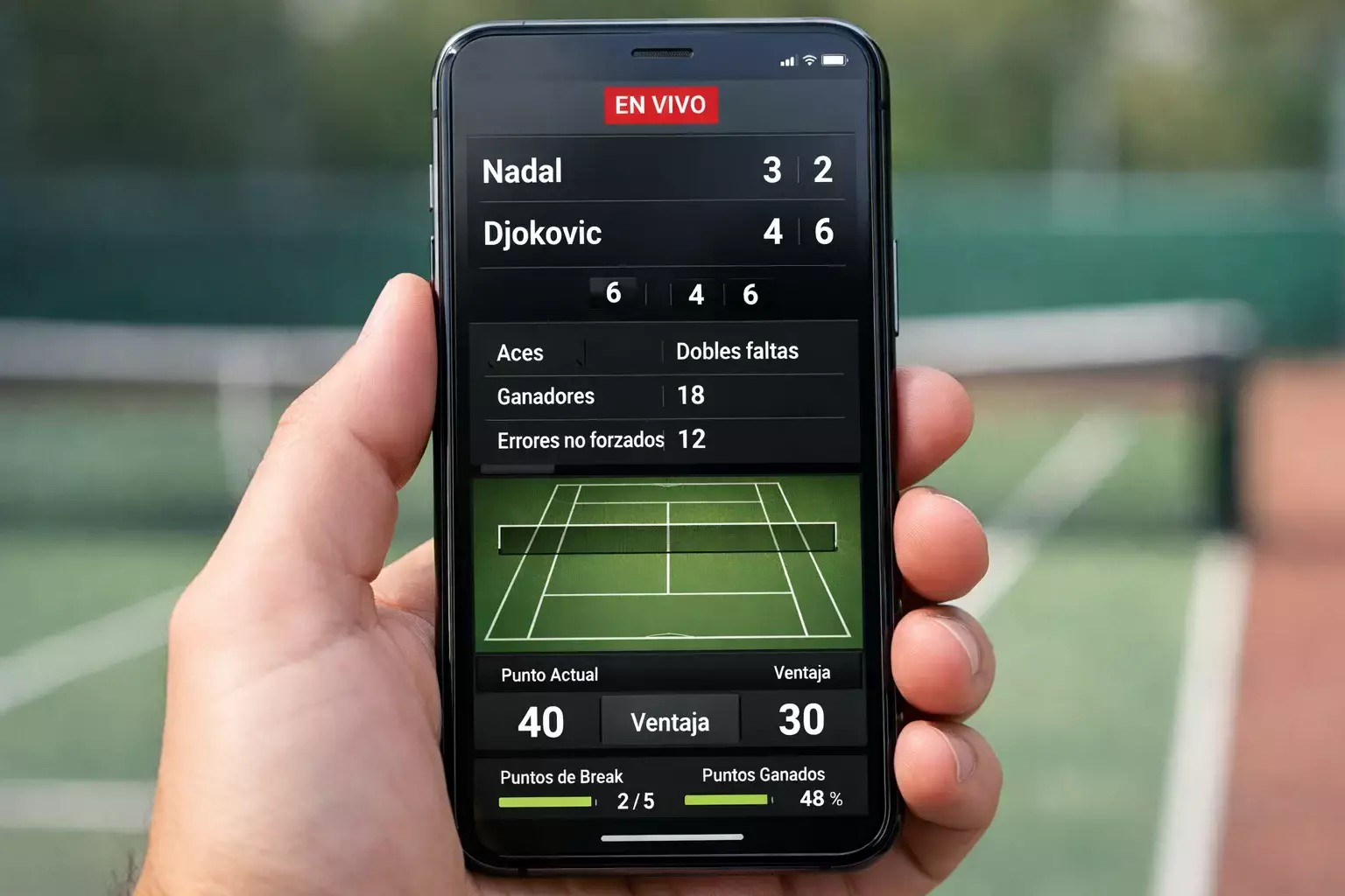 Pantalla de m&oacute;vil mostrando estad&iacute;sticas de un partido de tenis en curso