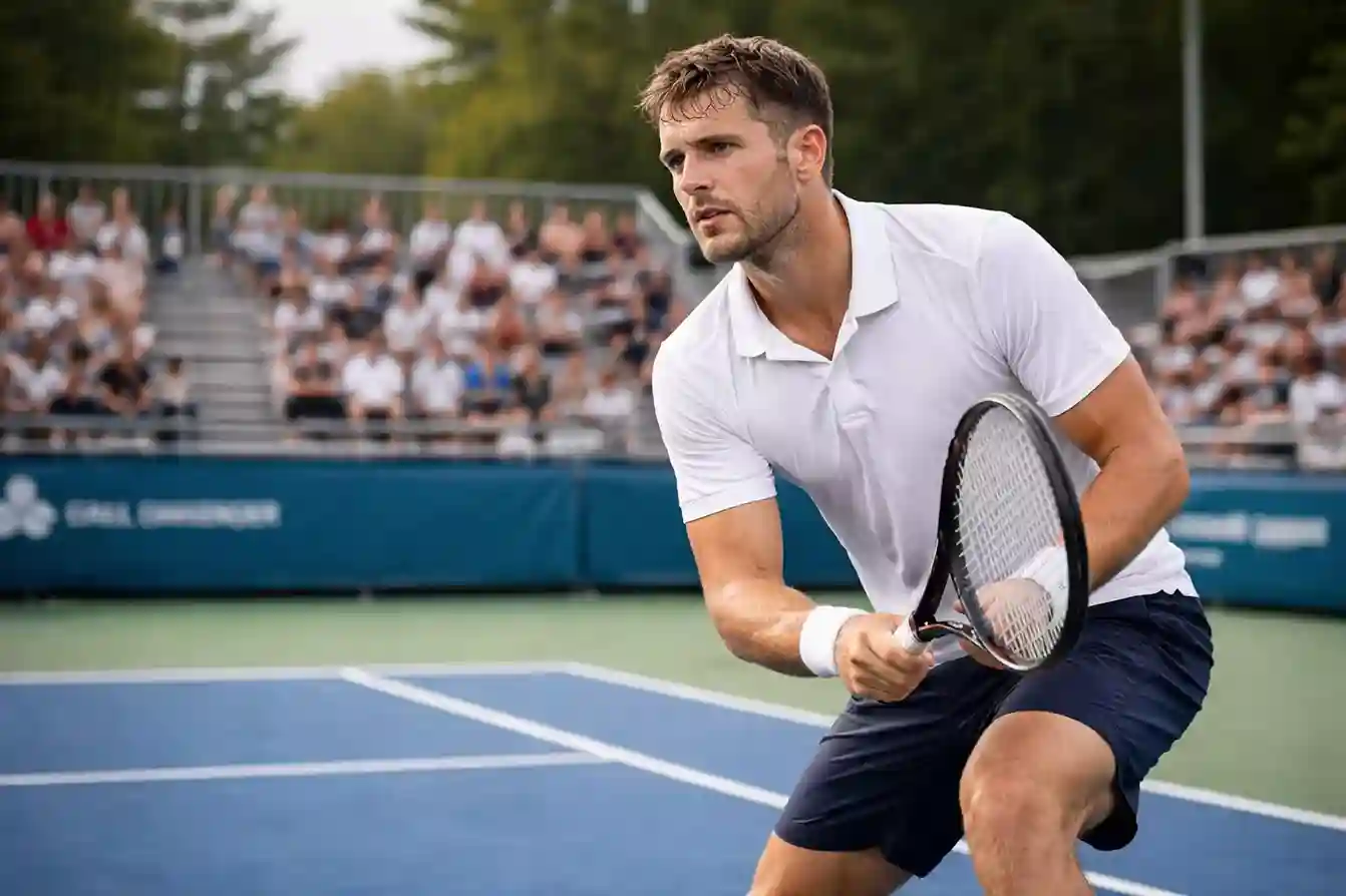 Joven tenista compitiendo en un torneo Challenger con gradas modestas