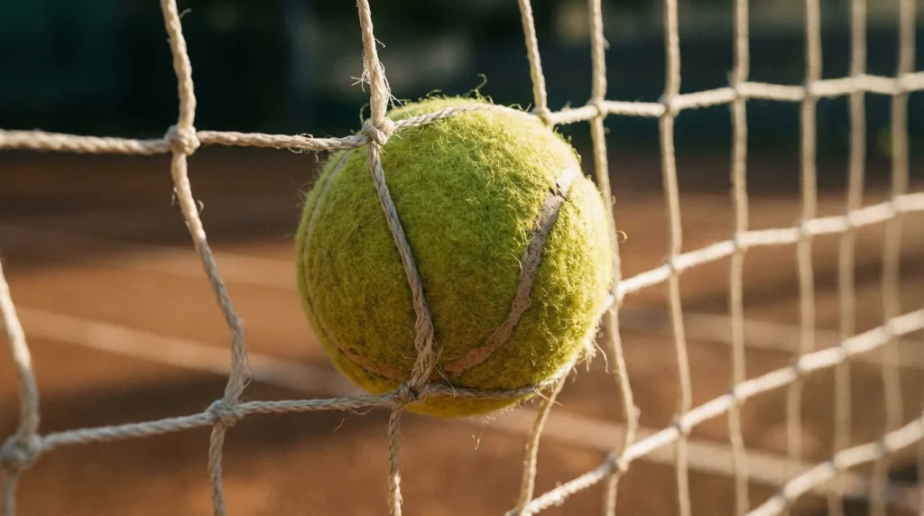 Pelota de tenis atrapada en la red durante un partido