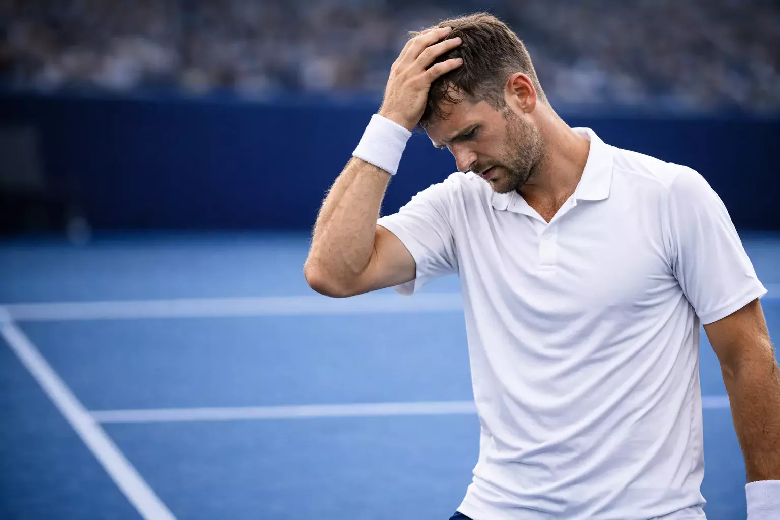 Tenista frustrado con la mano en la cabeza tras perder un punto importante