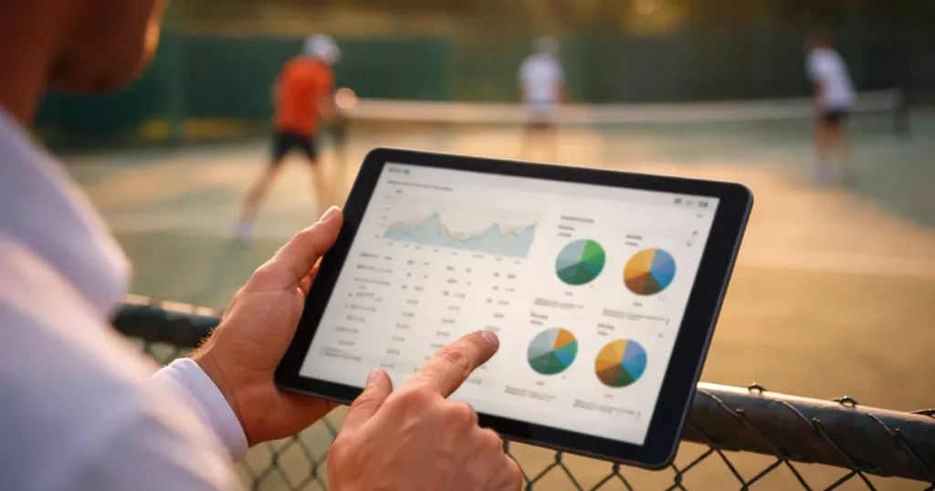 Persona revisando datos y estadísticas de tenis en una tablet junto a una pista