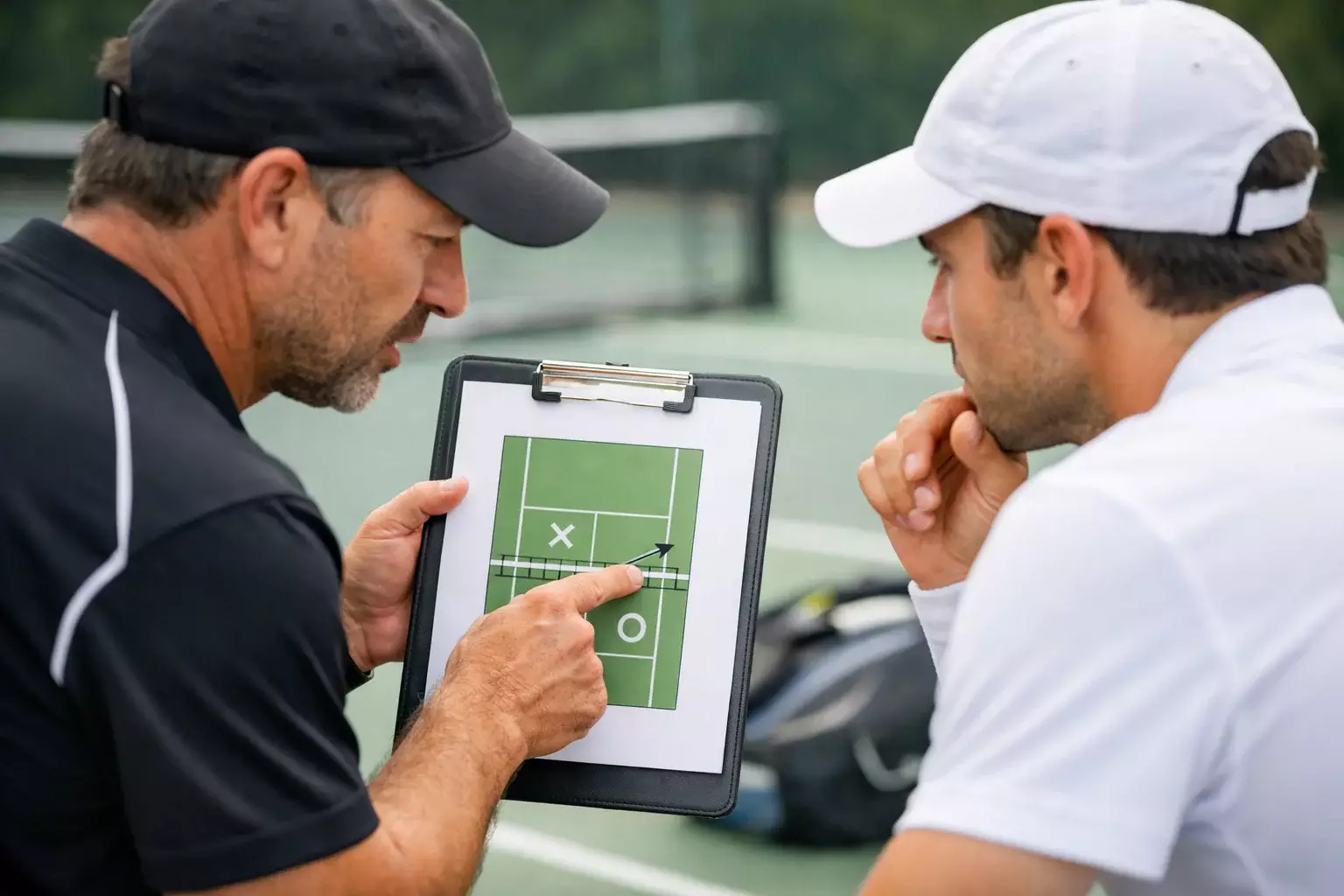 Entrenador de tenis explicando t&aacute;cticas con una pizarra junto a la pista