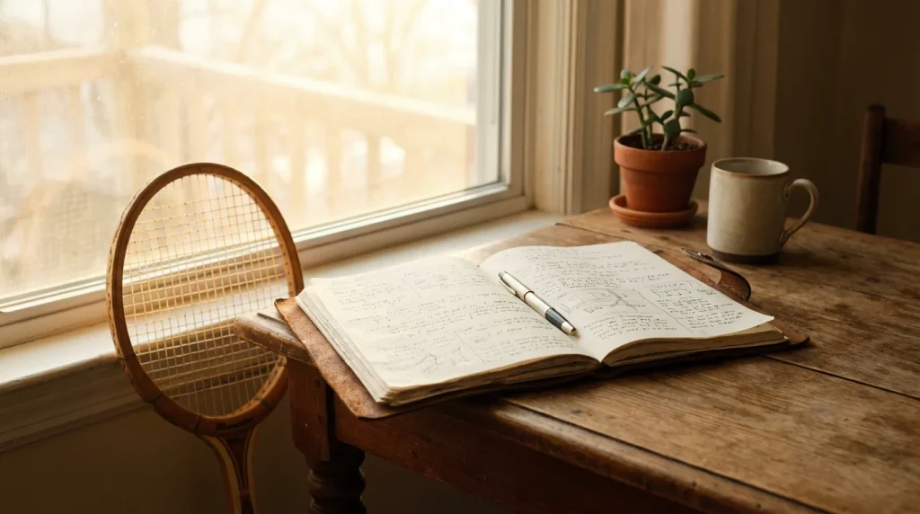 Cuaderno abierto con notas de planificación junto a una raqueta de tenis