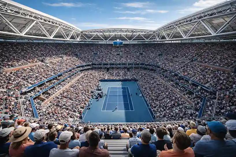 Estadio de tenis lleno de espectadores durante un torneo Grand Slam
