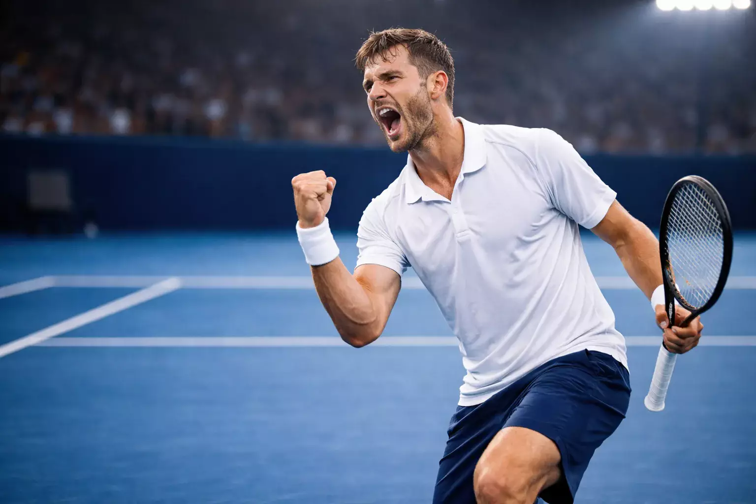 Tenista celebrando un punto ganador con el puño en alto en la pista