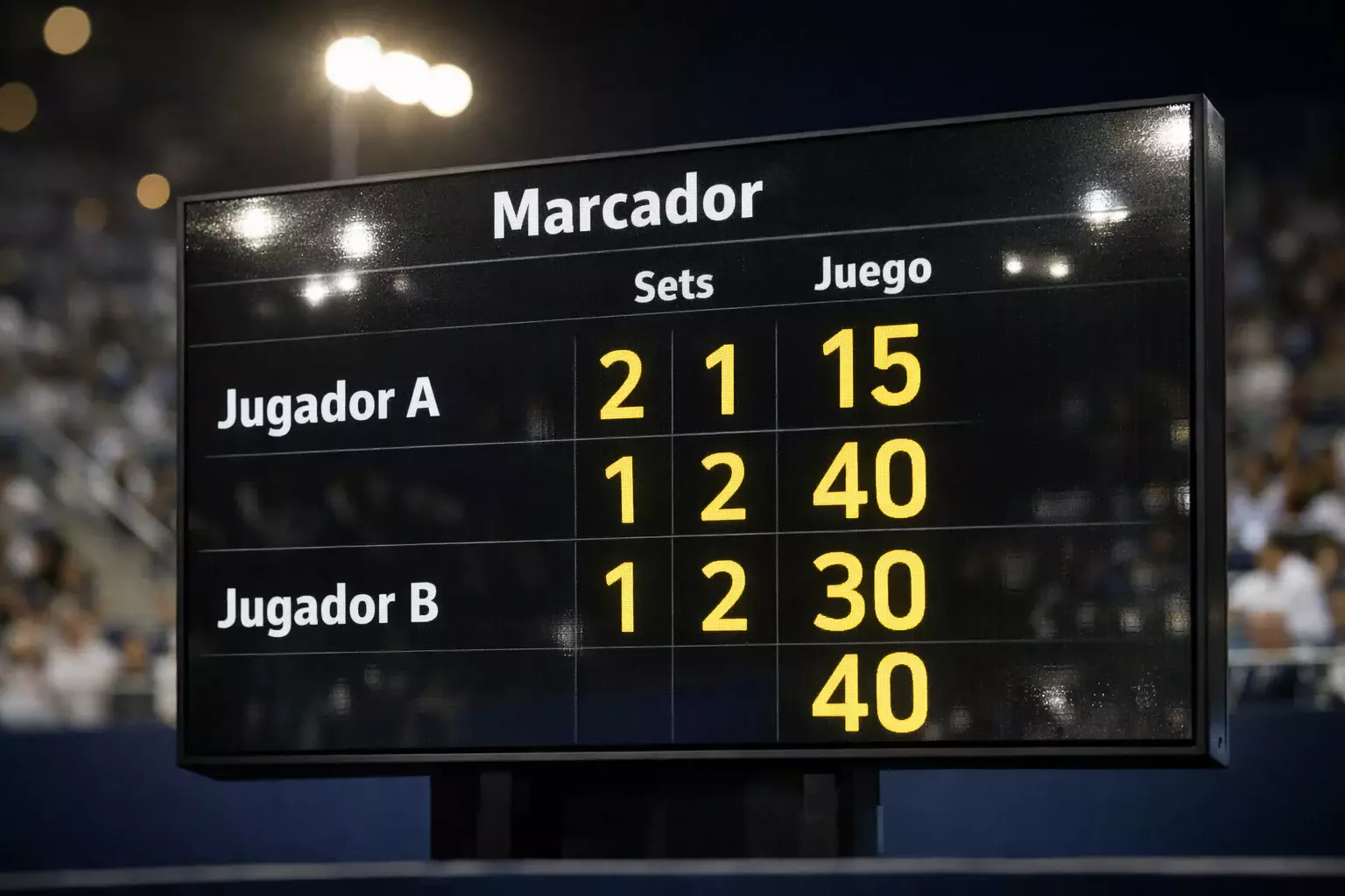 Marcador electrónico de tenis mostrando resultado de sets en un estadio