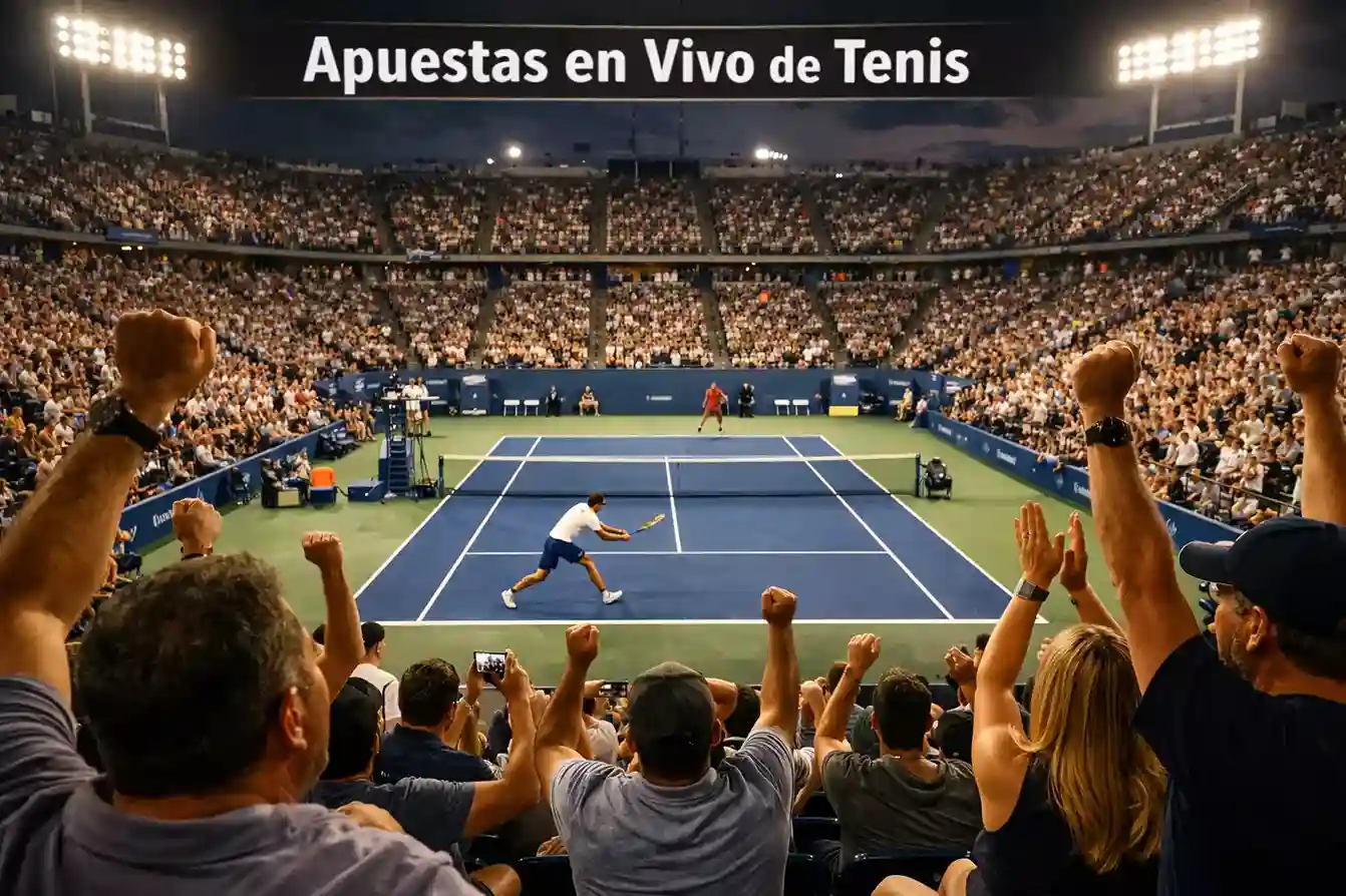 Partido de tenis en directo visto desde las gradas con público animando