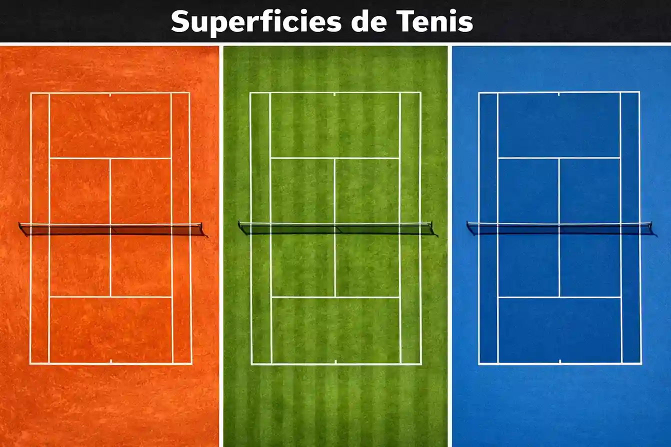 Tres tipos de pistas de tenis vistas desde arriba: tierra batida, hierba y pista dura