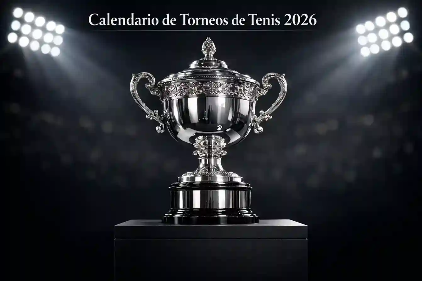 Trofeo de Grand Slam de tenis brillando bajo los focos del estadio central