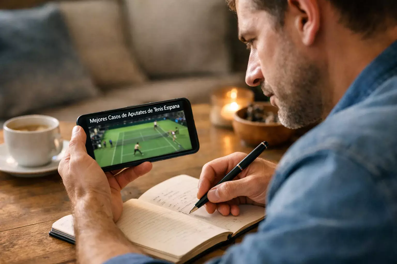 Persona viendo un partido de tenis en el móvil mientras toma notas