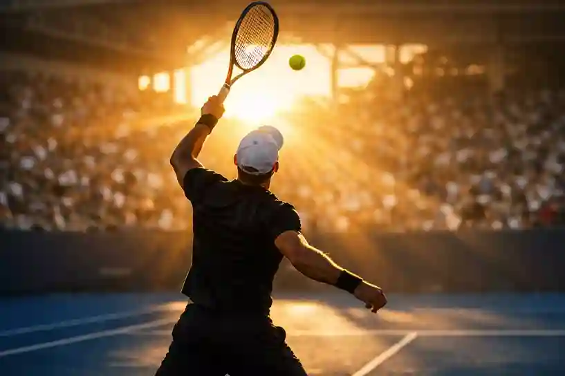 Tenista profesional sirviendo en pista de tenis durante un partido oficial
