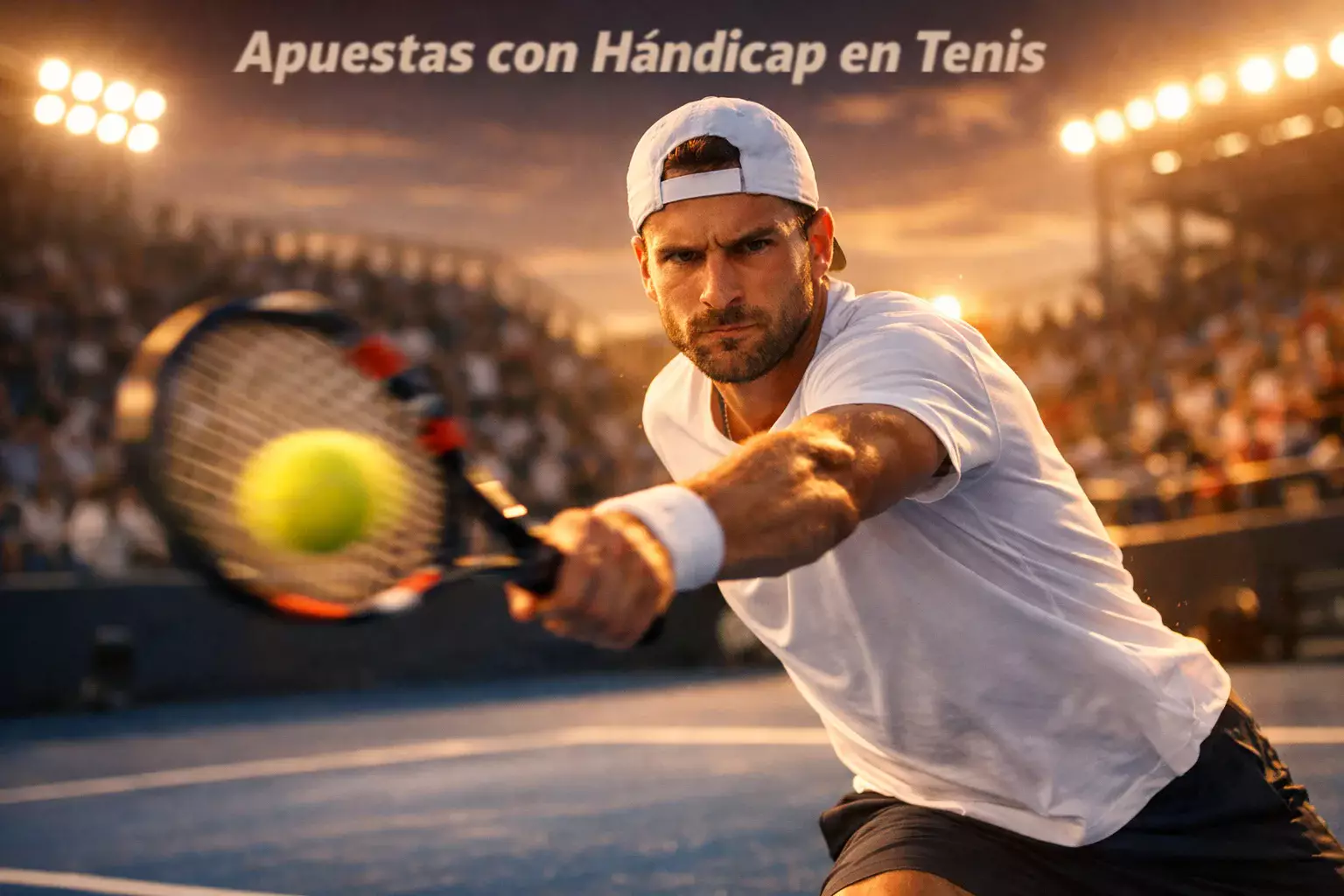 Jugador de tenis profesional golpeando la pelota en pista dura durante un partido