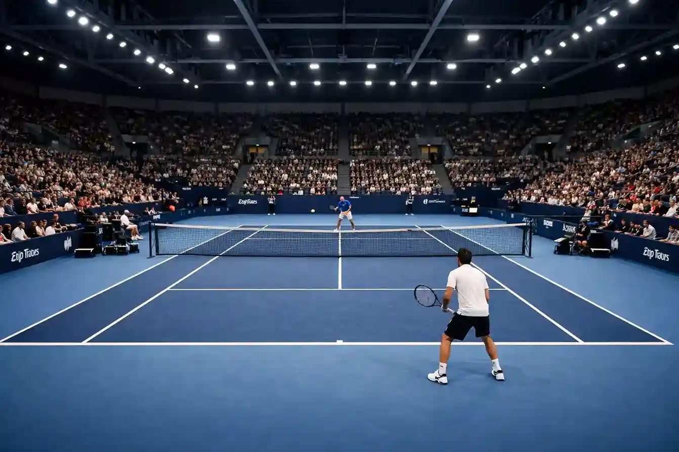 Torneo de tenis bajo techo con iluminación artificial y gradas llenas