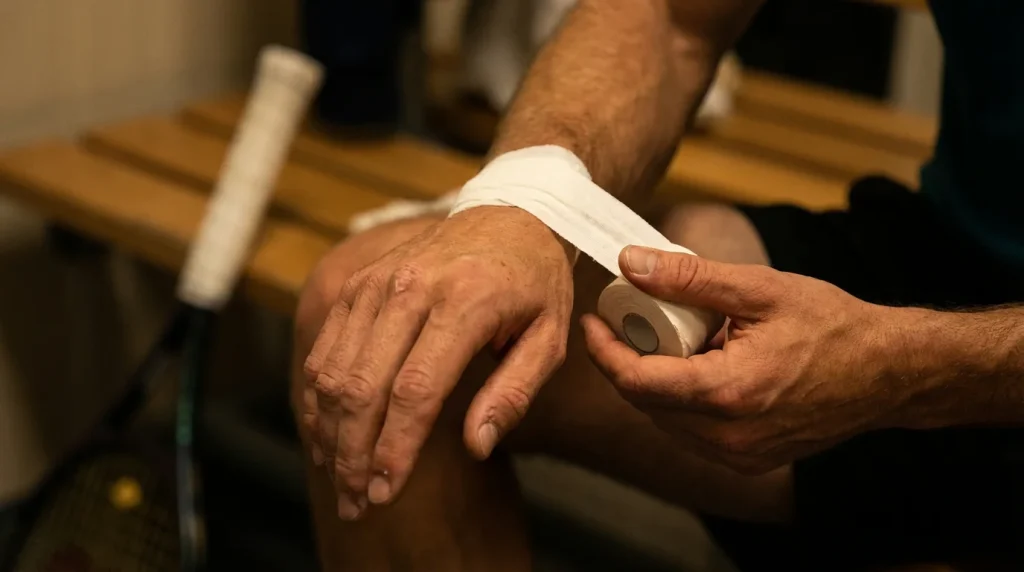 Jugador de tenis vendándose la muñeca antes de un partido en el vestuario