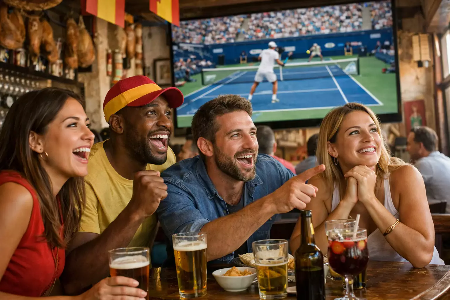 Grupo de aficionados al tenis siguiendo un partido juntos en un bar deportivo