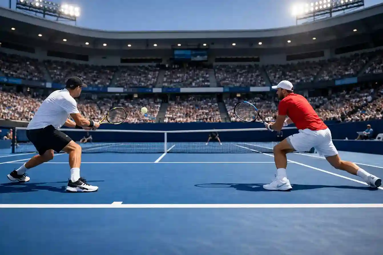 Partido de tenis sobre pista dura azul con líneas blancas bien definidas