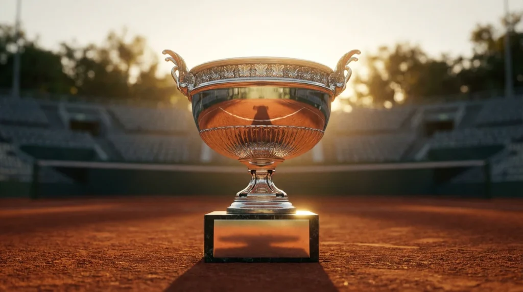 Trofeo de Grand Slam de tenis sobre una pista con iluminación dorada