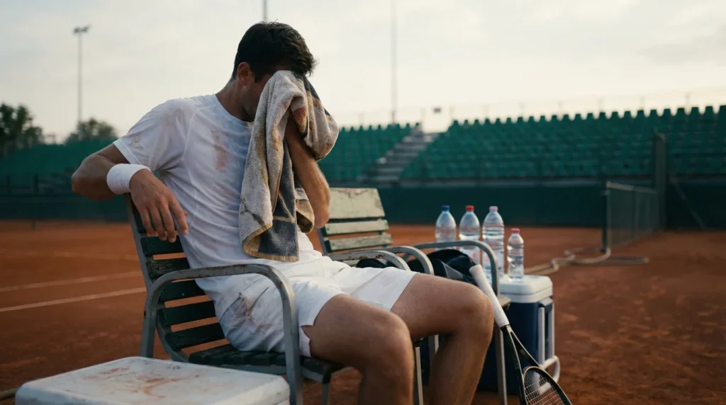 Jugador de tenis sentado en una silla junto a la pista con expresión de fatiga