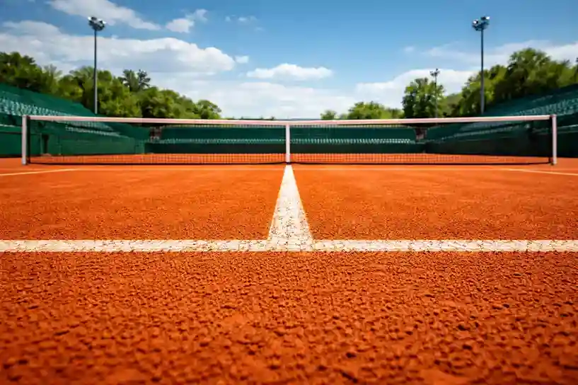 Pista de tenis de tierra batida con líneas blancas y red en primer plano