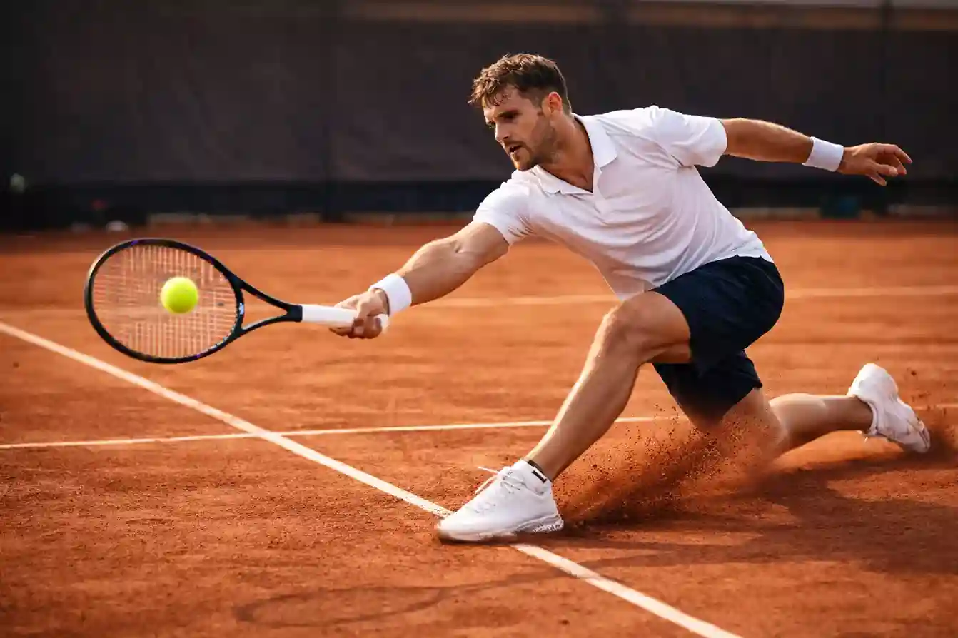 Jugador deslizándose sobre tierra batida naranja para alcanzar una pelota
