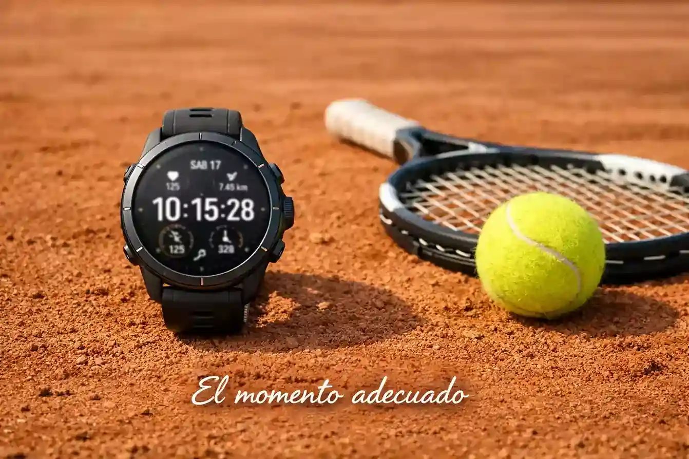 Reloj deportivo junto a una raqueta de tenis sobre la pista