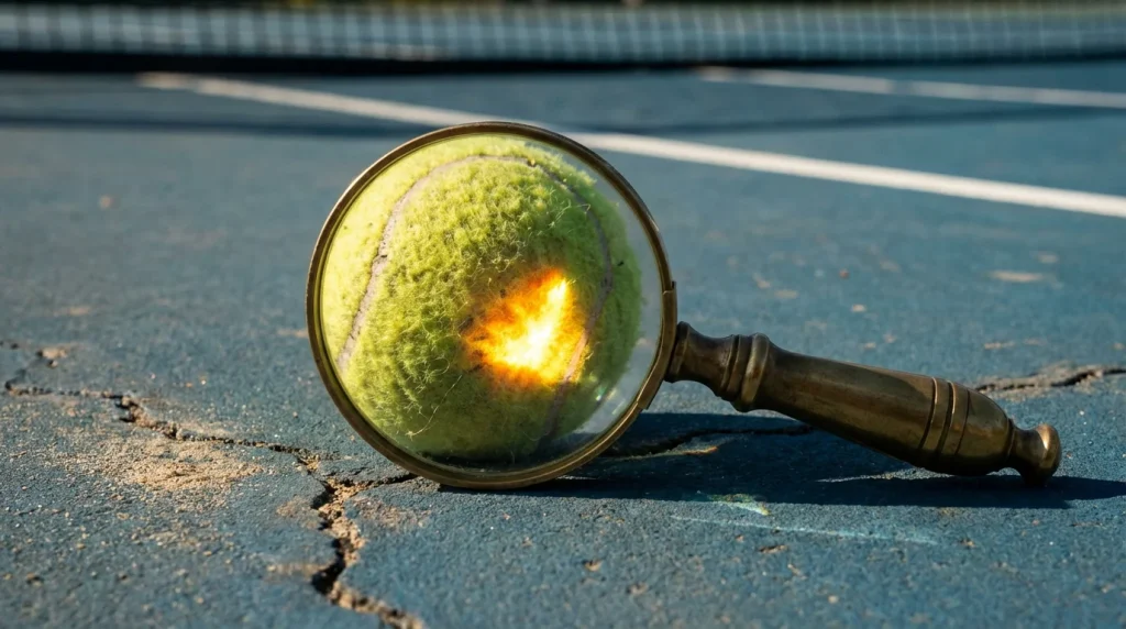 Lupa sobre una pelota de tenis simbolizando el análisis detallado