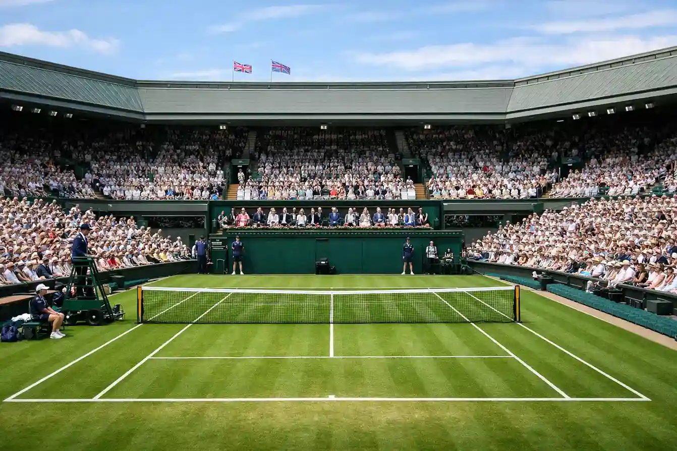 Pista central de Wimbledon con el césped impecable y el público vestido de blanco